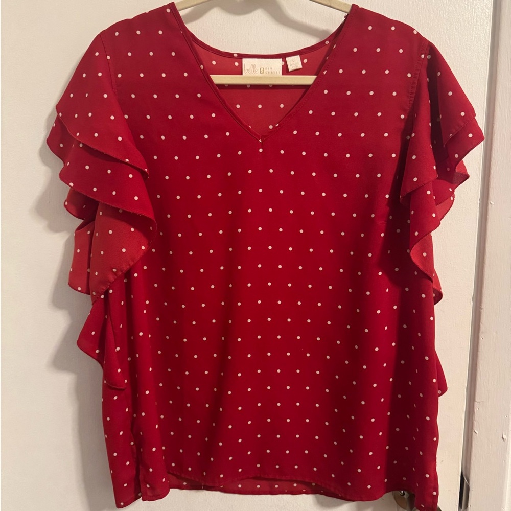 Belle by Kim Gravel Red Polka Dot Ruffle Sleeve Blouse feminine and sweet